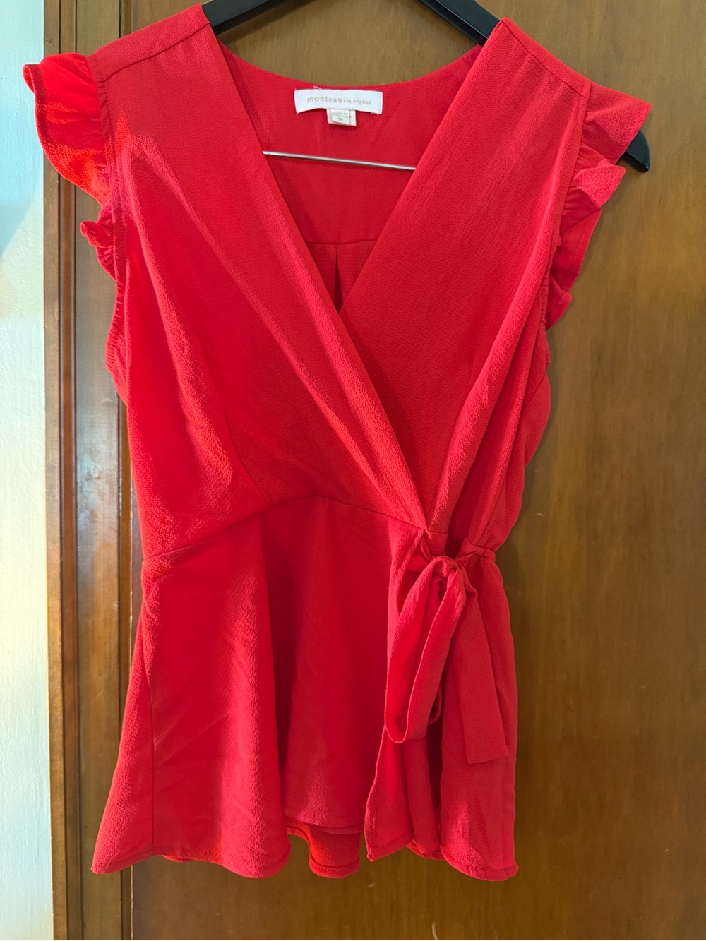 Monteau Red Wrap Peplum Blouse with Tie
